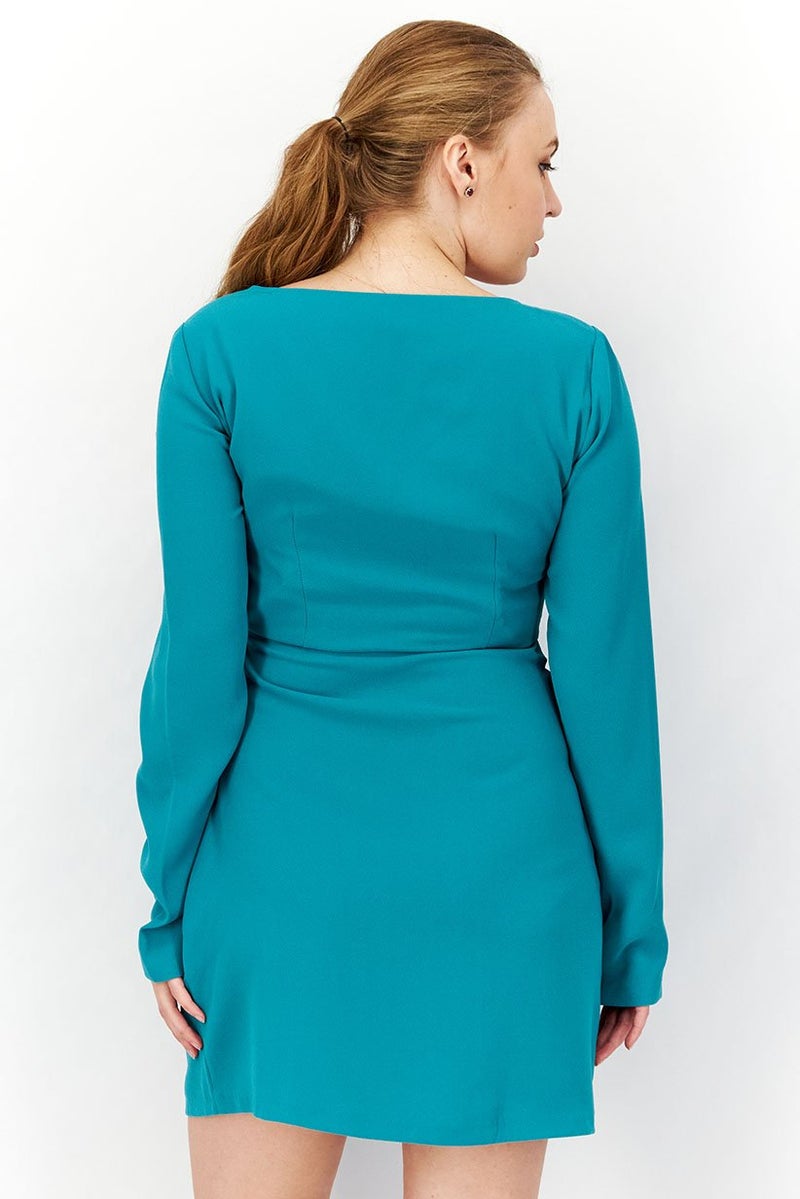 NA-KD Women Squared Neckline Long Sleeve Plain Cut Out Mini Dress, Teal - Image 4